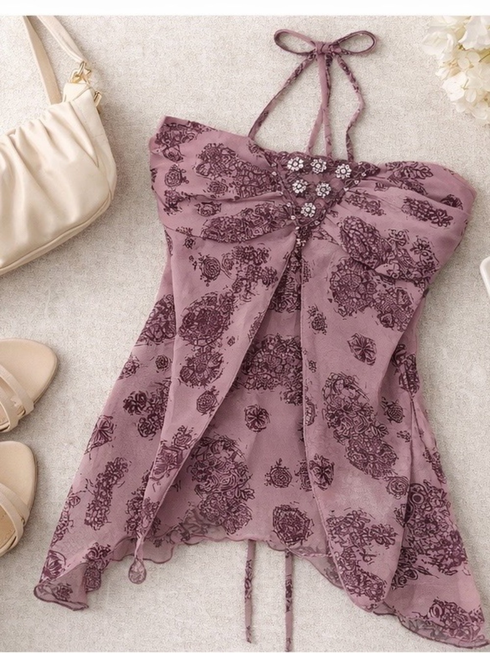 Studio Y Beaded Asymmetrical Chiffon Top | Mauve | Medium
